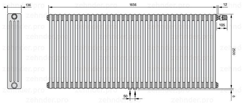 Схема (чертеж) Радиатор Zehnder Charleston 4250/36 №V008 Белый глянцевый RAL 9016